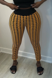 Pantalones con estampado completo de lápiz de cintura alta ajustados con retazos a cuadros sexy amarillos