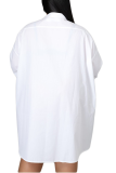 ホワイト カジュアル プリント パッチワーク マンダリン カラー シャツ ドレス プラス サイズ トップス