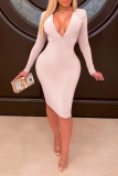 Pink Sexy Solid Patchwork V Neck Pencil Skirt Dresses