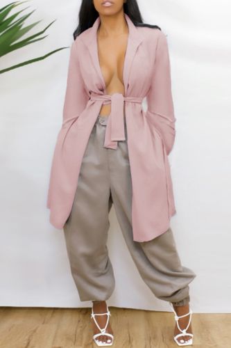 Pink Casual Solid Bandage Backless V Neck Outerwear
