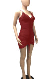 Burgundy Sexy Solid Patchwork Draw String See-through Fold Spaghetti Strap Sling Dress Dresses