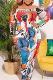 Kleur Street Print Patchwork Off-shoulder Jumpsuits in grote maten