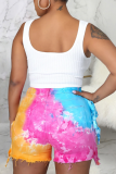 Flerfärgad Casual Patchwork Tofs Tie-dye Skinny Denim Shorts med mitten av midjan