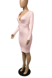 Pink Sexy Solid Patchwork V Neck Pencil Skirt Dresses
