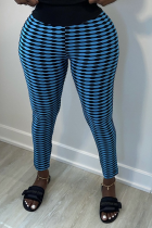 Blaue sexy karierte Patchwork-Hose mit hoher Taille und Bleistift-Volldruck