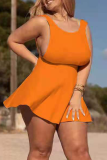 Tangerine Red Sexy Solid Patchwork O Neck Cake Skirt Plus Size Dresses