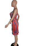 Rode casual gestreepte print bandage patchwork volant asymmetrische V-hals A-lijn jurken