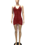 Burgundy Sexy Solid Patchwork Draw String See-through Fold Spaghetti Strap Sling Dress Dresses