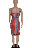 Red Casual Striped Print Bandage Patchwork Flounce Asymmetrical V Neck A Line Dresses