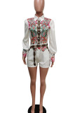 White Casual Print Patchwork With Belt Turndown Collar Straight Rompers