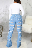 Baby Blue Casual Solid Ripped Mid Waist Boot Cut Raw Hem Distressed Denim Jeans