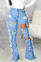 Babyblauwe casual, effen gescheurde mid waist boot-cut denim jeans