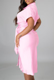 ピンク ファッション カジュアル ソリッド バンデージ ターンダウン カラー ショート スリーブ ドレス