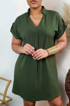 グリーン カジュアル ソリッド パッチワーク ターンダウンカラー シャツドレス ドレス