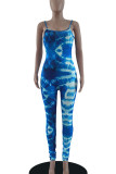 Blue Casual Print Tie Dye Patchwork Spaghetti Strap Skinny Jumpsuits