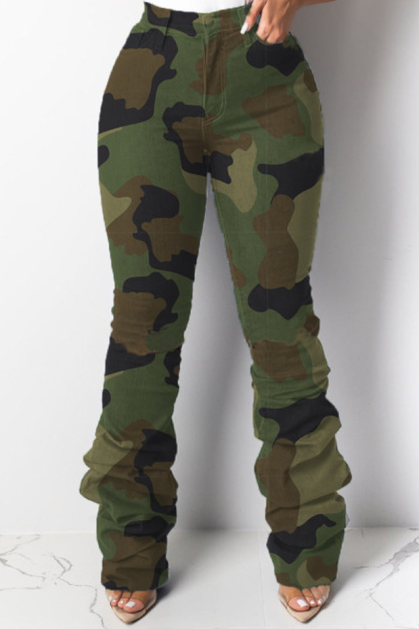 Armeegrüne, legere, bedruckte, Patchwork-Falten-Denim-Jeans mit mittelhohem Bund und Boot-Cut-Schnitt