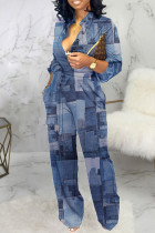 Donkerblauwe, casual gekleurde bandage-print met patchwork en gesp met mandarijnkraag, rechte jumpsuits