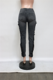 Schwarze, lässige, solide, schmale Denim-Jeans mit mittlerer Taille und Spitze