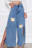 Blauwe straat effen gescheurde patchwork rechte denim jeans met split en hoge taille