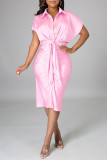 ピンク ファッション カジュアル ソリッド バンデージ ターンダウン カラー ショート スリーブ ドレス