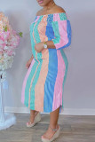 ピンク グリーン ファッション カジュアル ストライプ プリント オフ ショルダー ロング ドレス