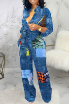 Blauwe casual kleur klonterige print bandage patchwork gesp mandarijn kraag rechte jumpsuits