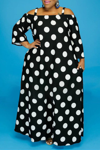 Black Fashion Casual Print Without Belt Off the Shoulder Long Sleeve Plus Size Dresses