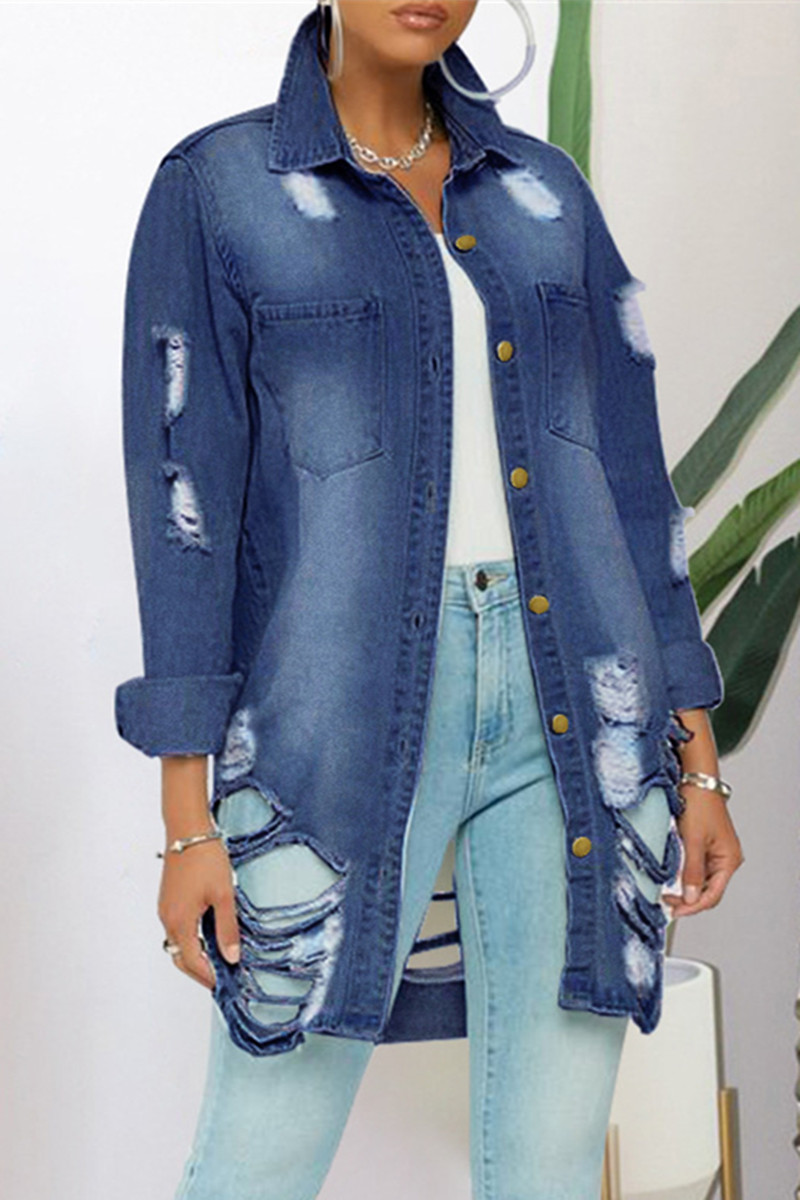 

Dark Blue Fashion Casual Solid Ripped Turndown Collar Plus Size Overcoat