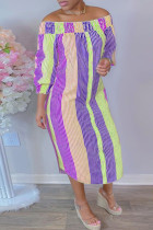 Paarse mode casual gestreepte print off-shoulder lange jurk
