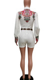 White Casual Print Patchwork With Belt Turndown Collar Straight Rompers