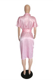 Pink Fashion Casual Solid Bandage Turndown Collar Short Sleeve Dress