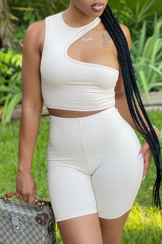 Cream White Sexy Solid Hollowed Out O Neck Sleeveless Two Pieces