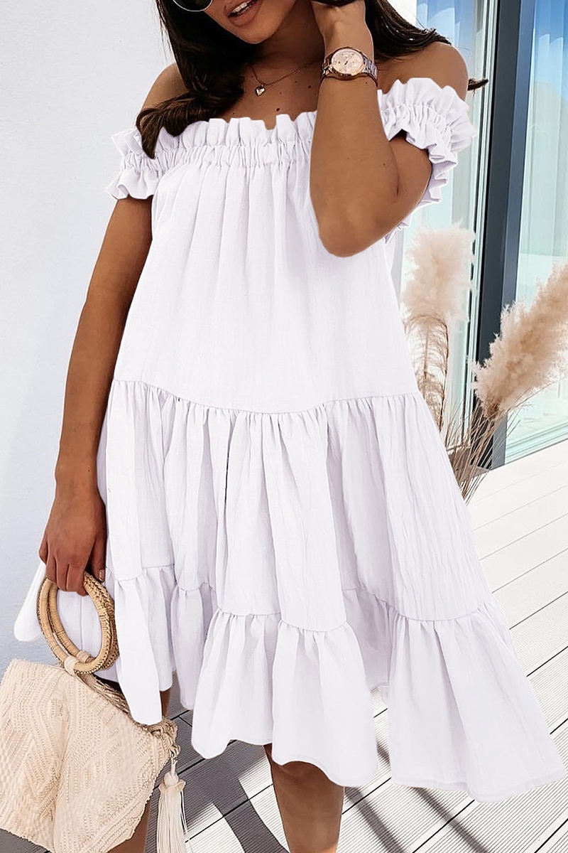 

White Sweet Solid Patchwork Flounce Off the Shoulder Cake Skirt Dresses