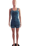 The cowboy blue Casual Solid Tassel Patchwork Buckle Spaghetti Strap Regular Rompers