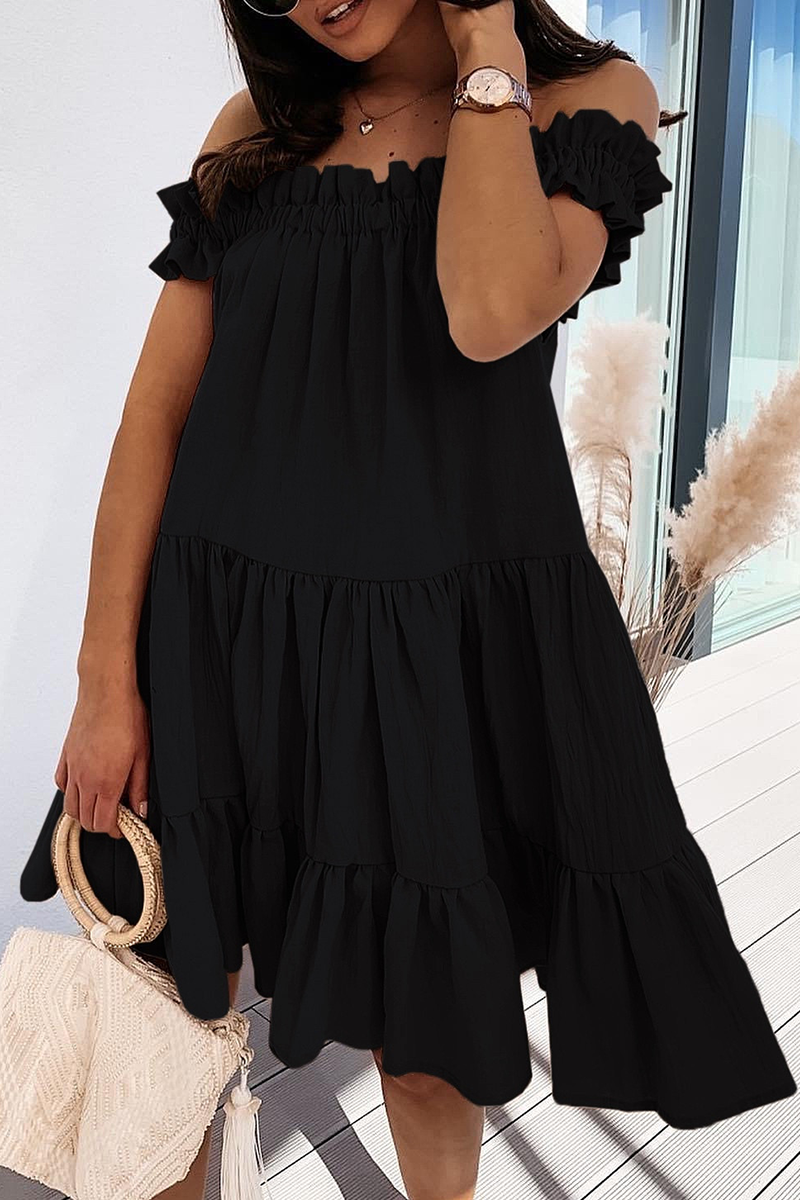 

Black Sweet Solid Patchwork Flounce Off the Shoulder Cake Skirt Dresses