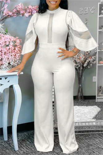 White Fashion Casual Solid Patchwork See-through Half A Turtleneck Regular Jumpsuits