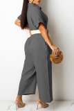 Burgundy Casual Solid Patchwork Turndown Collar Straight Jumpsuits(Without Belt)