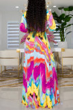 Multicolor Fashion Casual Print Bandage V-Ausschnitt langes Kleid