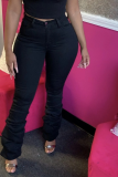 Schwarze Boot-Cut-Denim-Jeans mit lässigem Print, Patchwork-Falte und mittlerer Taille