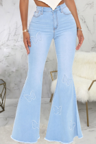 Baby Blue Casual Butterfly Print Patchwork Mid Waist Boot Cut Flare Leg Denim Jeans