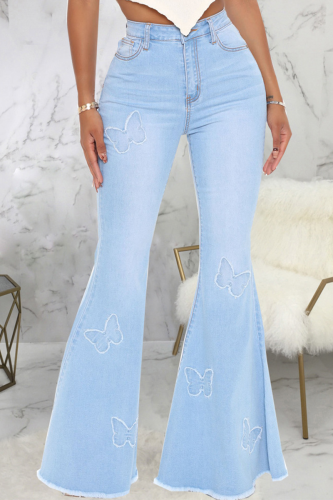 Babyblauwe casual denim jeans met patchwork en middentaille met vlinderprint