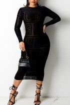 Black Sexy Print Hollowed Out Split Joint See-through Mesh O Neck Pencil Skirt Dresses