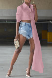 ピンクのファッションカジュアルソリッド非対称ターンダウンカラートップス