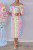 Pink Green Fashion Casual Striped Print Off the Shoulder Long Dress