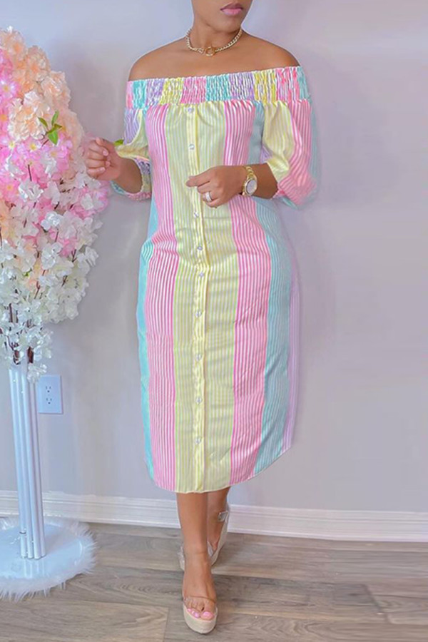 ピンクイエローファッションカジュアルストライププリントオフショルダーロングドレス