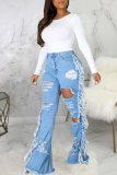 Baby Blue Casual Solid Ripped Mid Waist Boot Cut Raw Hem Distressed Denim Jeans