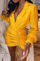 Vestidos de saia enrolados com gola virada para trás, sexy, amarelo, sólido, patchwork, cordão