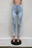 Blå Casual Solid Spets Skinny Denim Jeans med mitten av midjan