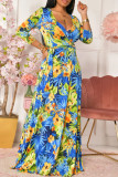 Multicolor Fashion Casual Print Bandage V-Ausschnitt langes Kleid