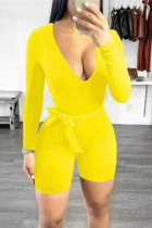 Yellow Fashion Casual Solid Basic V Neck Skinny Long Sleeve Romper